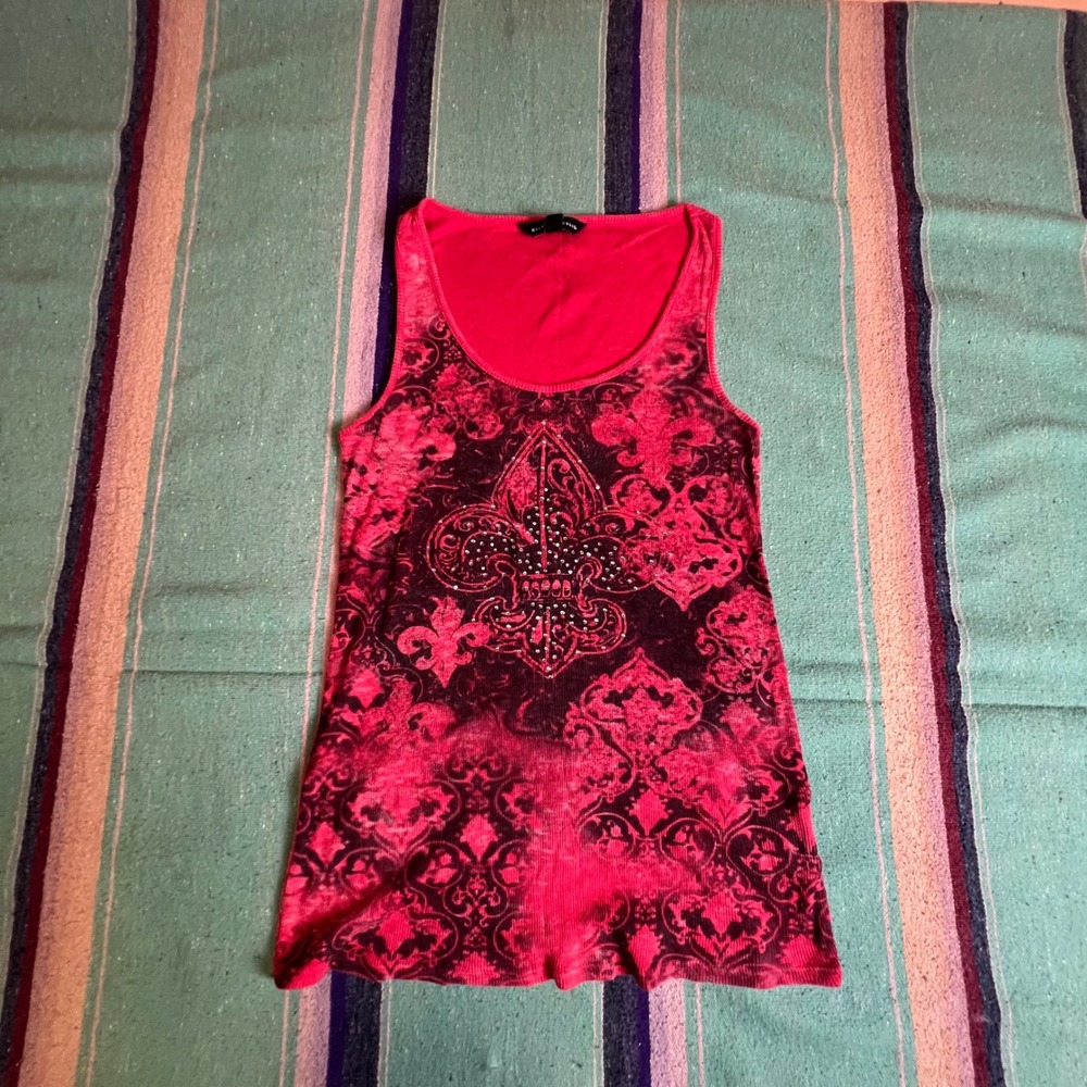Rock Republic Tank Top Womens XS Pink Fleur De Lis Rhinestone Y2K Burnout Ribbed